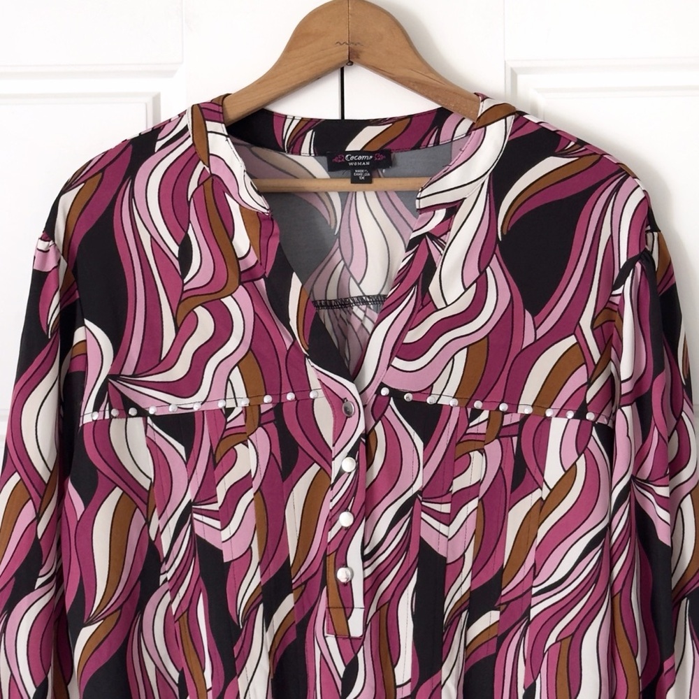 Cocomo Tunic Blouse Womens 1X Pink Black V Neck 3/4 Roll Tab Sleeve Swirl Hippie - Picture 2 of 11